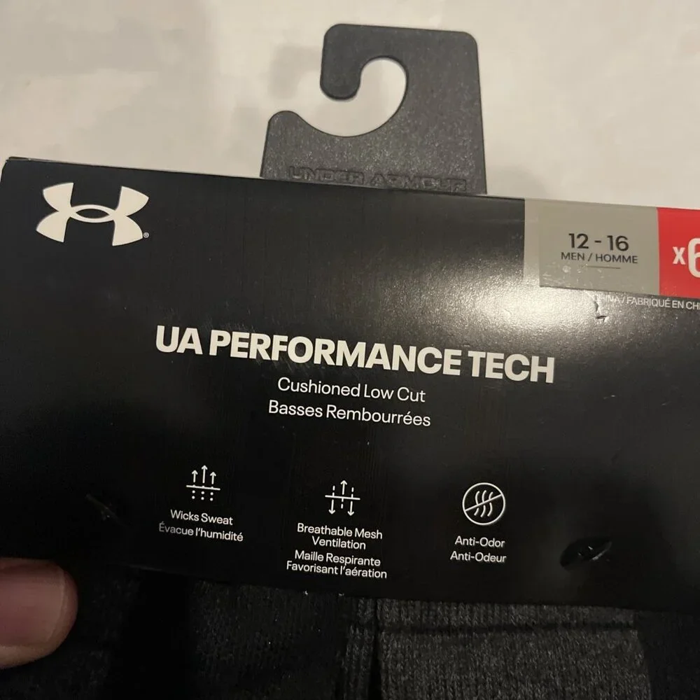UNDER ARMOUR UA XL 12-16 Performance Tech Cushioned No-Show 6-Pack Black - Picture 3 of 6